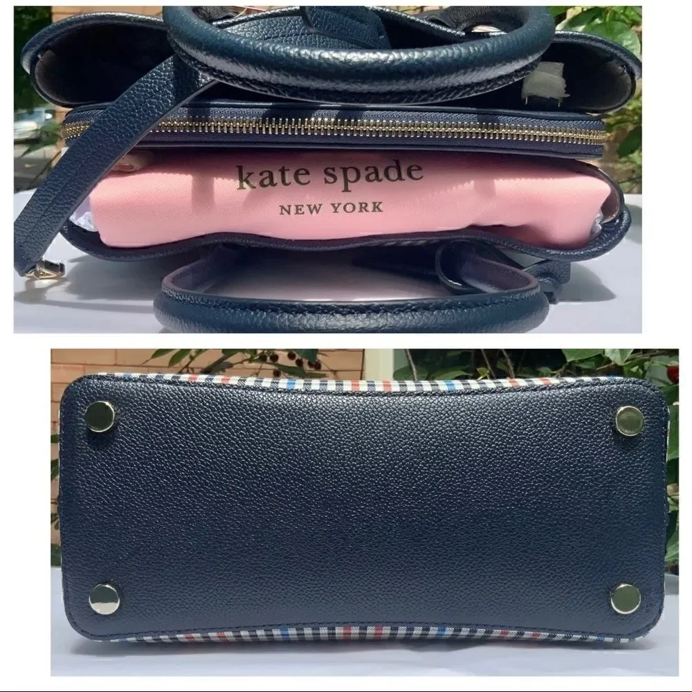KATE SPADE MARGAUX MEDIUM SATCHEL HANDBAG IN BLUE RED BLACK PLAID + LEATHER TRIM